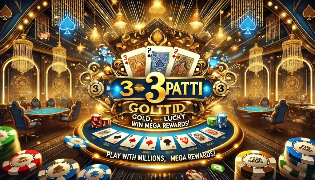 A vibrant and eye-catching promotional poster for a 3 Patti card game in landscape orientation. The design features a luxurious casino theme with gold.