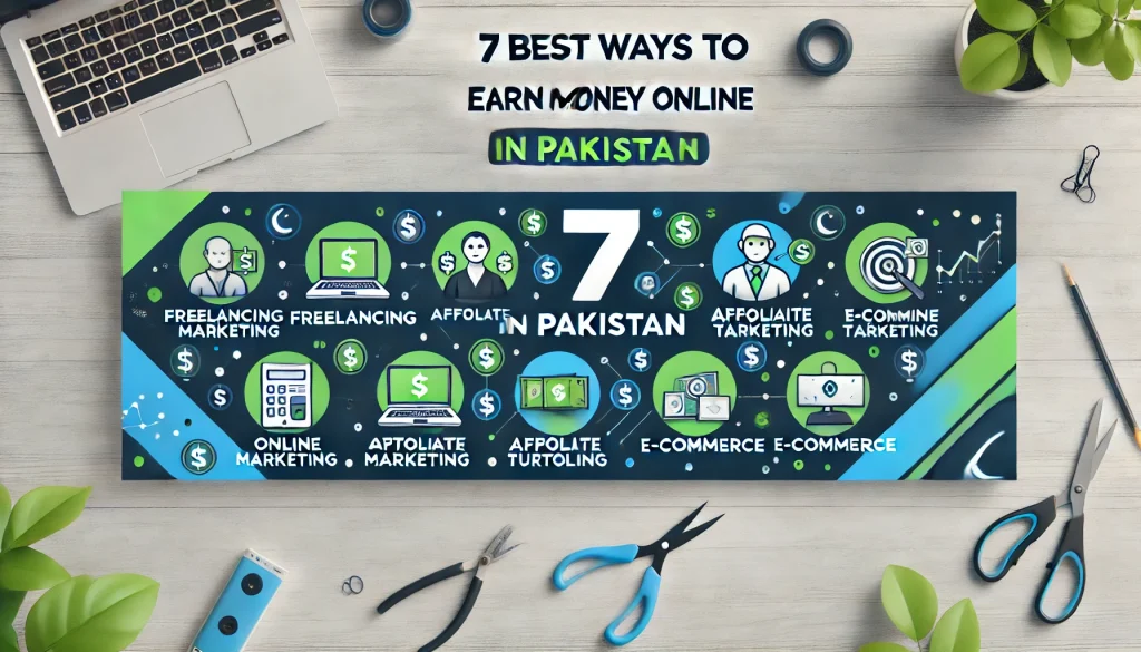 A modern and eye-catching banner design for a website about '7 Best Ways to Earn Money Online in Pakistan'. The banner should include symbols represen