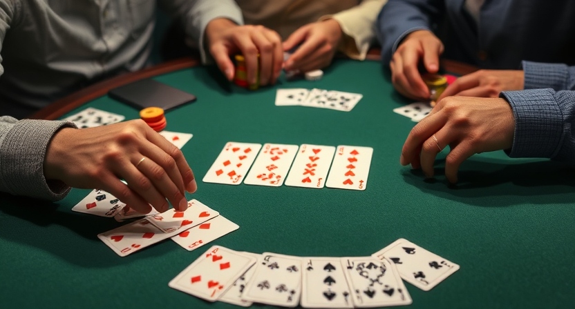 A diverse group of players at a rummy table, immersed in the game, highlighting interaction and competitive spirit.