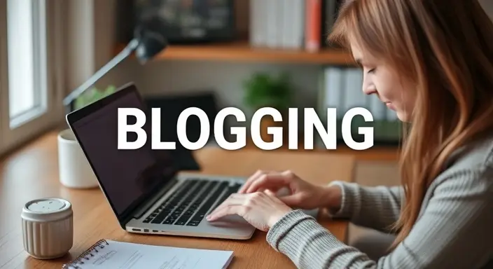 A woman focused on her laptop, engaged in blogging, with the word "blogging" prominently displayed.