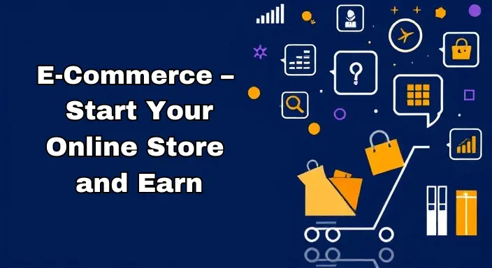 An illustration promoting e-commerce, highlighting the benefits of starting an online store and affiliate marketing opportunities.