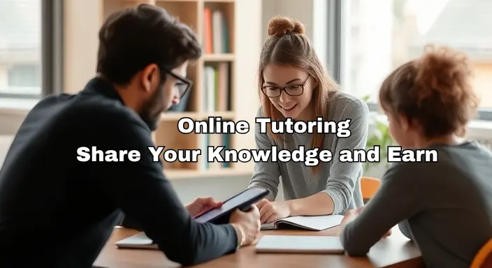 A graphic depicting online tutoring, emphasizing knowledge sharing and earning opportunities for tutors and students.
