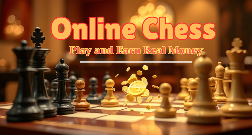 Interactive online chess game screen with the message "Play chess online and earn real money" highlighted.