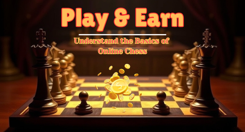 A digital illustration showcasing online chess games with the theme "play & earn," emphasizing engagement and rewards.