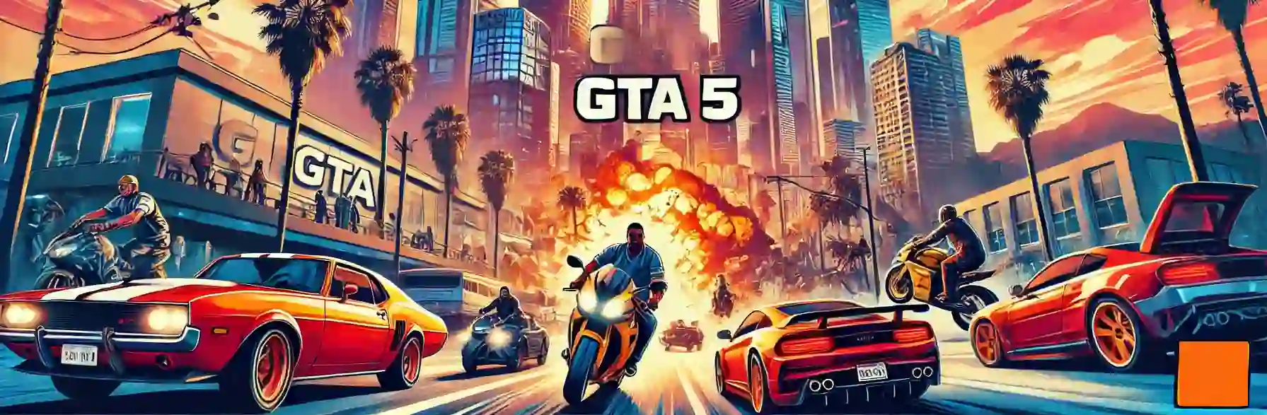 A vibrant and action-packed landscape poster for GTA 5 featuring a dynamic cityscape with high-rise buildings, highways, and palm trees. The poster in