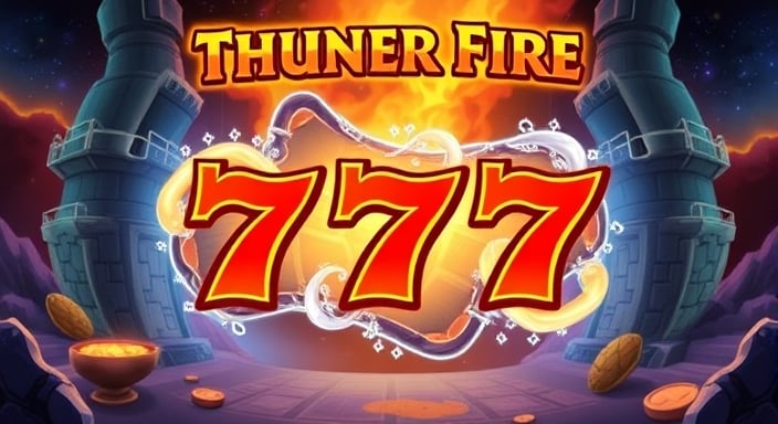 A vibrant Thunder Fire 777 slot machine featuring colorful graphics and illuminated symbols, inviting players to spin the reels.