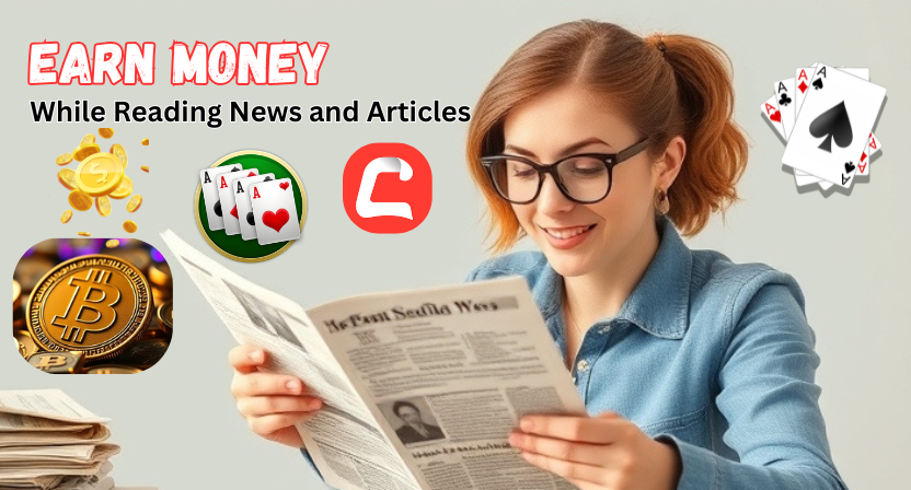 Engages with a newspaper and a poker chip, representing the fusion of information and gaming in CashZine's earning opportunities.