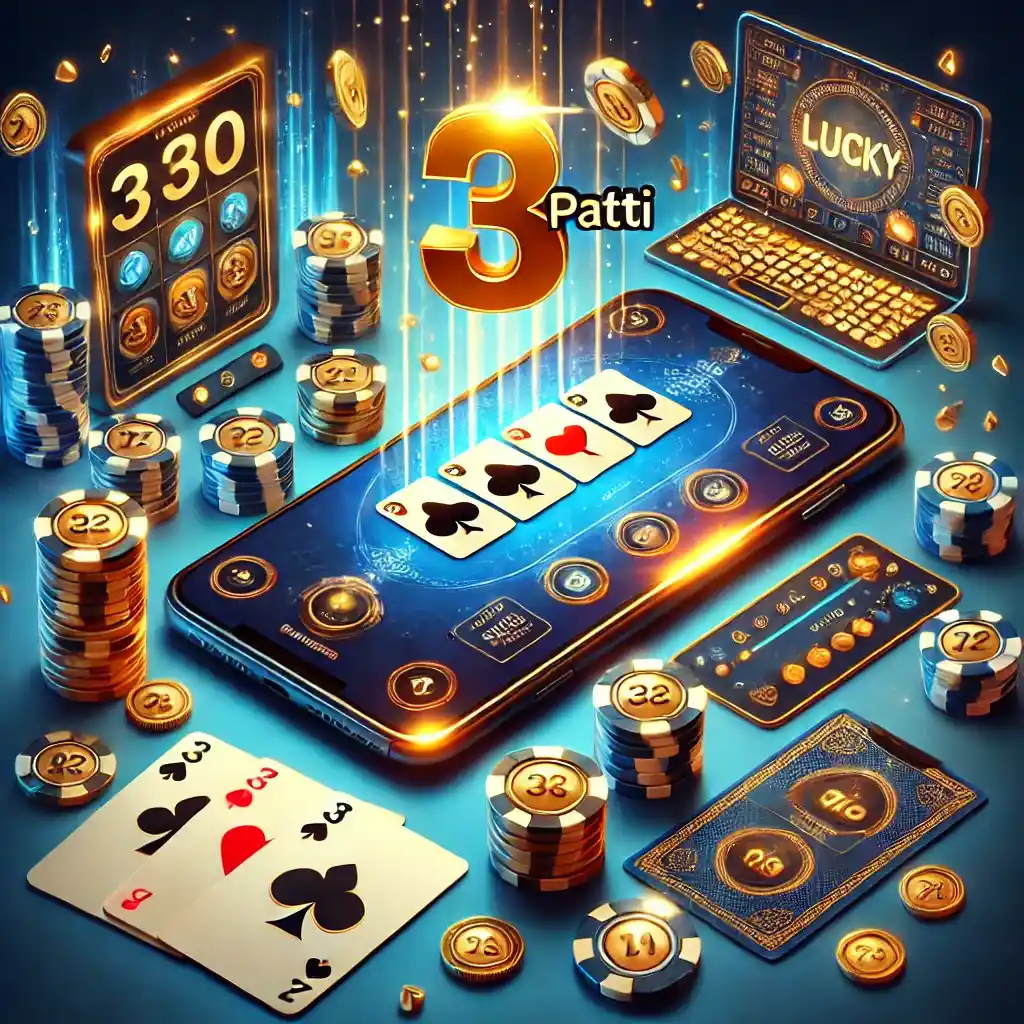 An engaging image for a blog about 3 Patti games, featuring a vibrant and stylish card game setup with gold, lucky symbols, and a blue-themed aestheti.